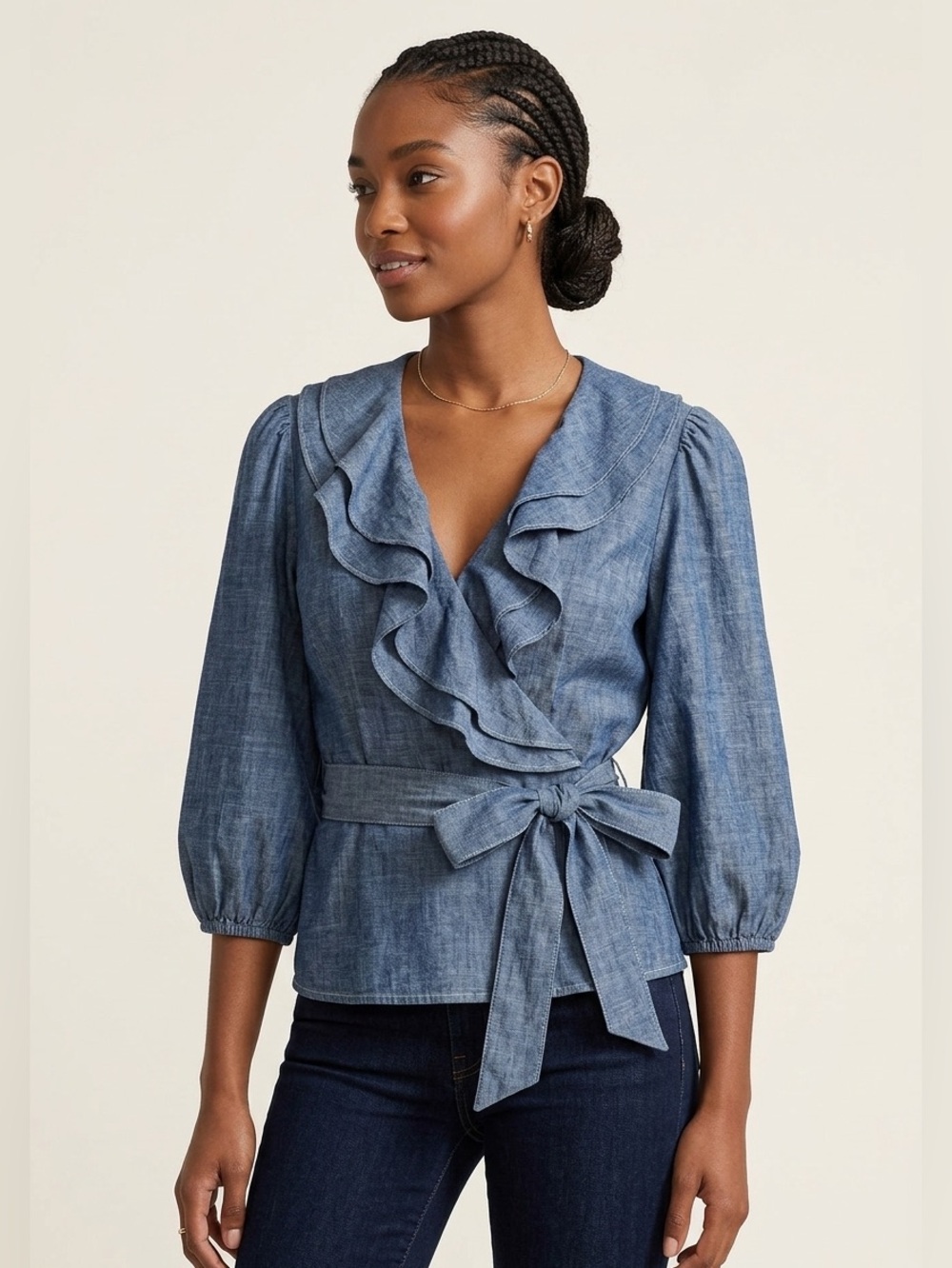 Ralph Lauren Chambray Ruffle Wrap Top - Blue